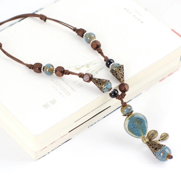 NEW Bohemian Necklace! Blue Ceramic & Leather Rope - Picture 2 of 4